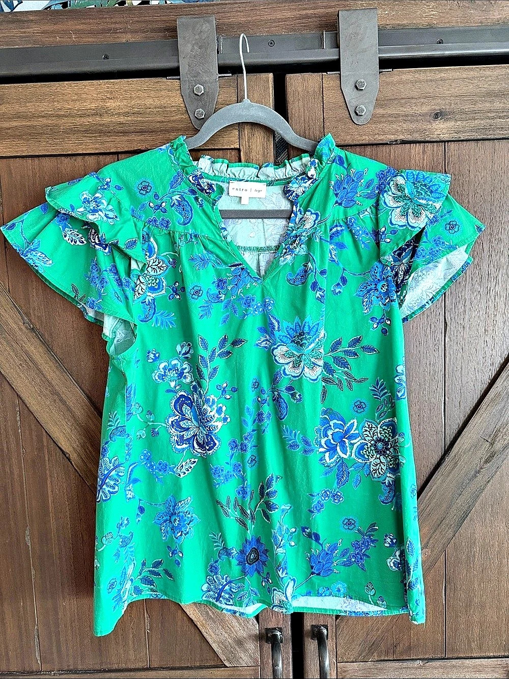 entro Floral Ruffle Sleeve Top Blouse Green & Blue Large